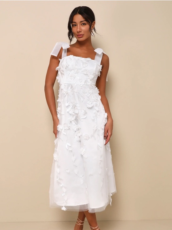 Lulus Dresses & Skirts - NWOT Lulus Effortlessly Sweet White Tulle 3D Floral Tie-Strap Midi Dress